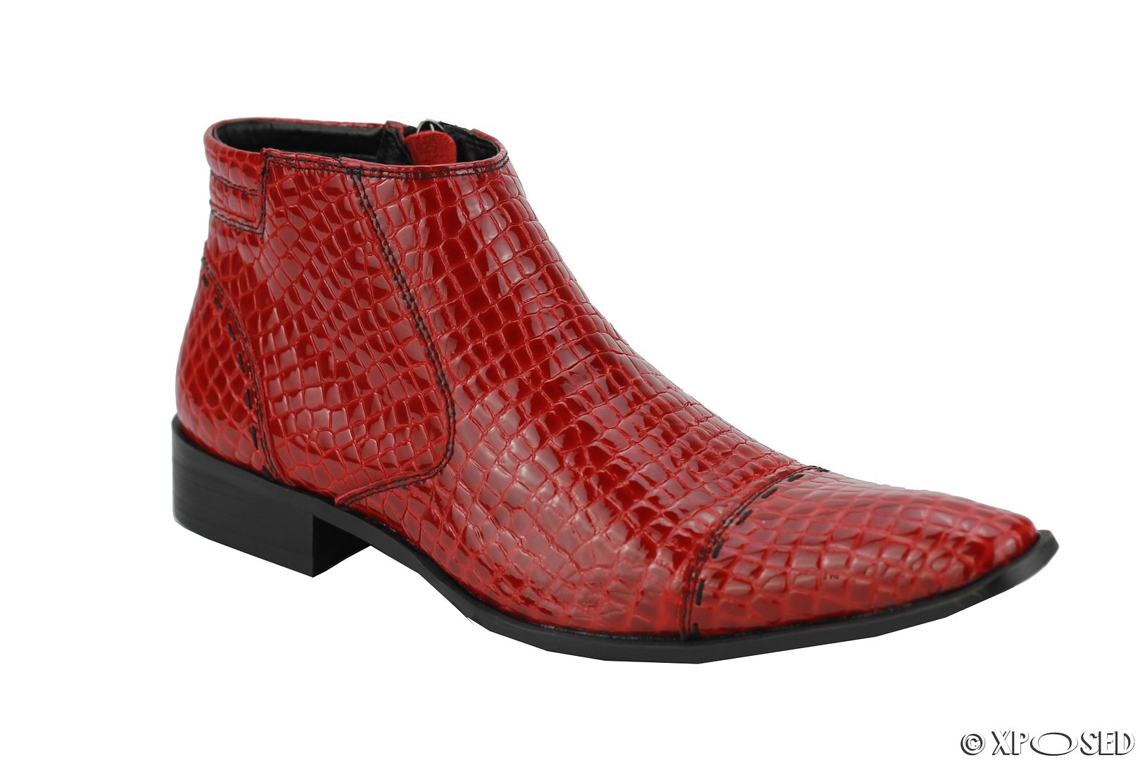 Mens Red Blue Leather Snakeskin Effect Hi Shine Zip Ankle Boots Pointy